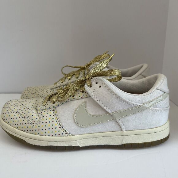 RARE 2008 Nike Dunk Low Womens 6 Multicolor POLKA DOTS w/‎ GOLD LACES 318639-111 - Picture 1 of 8
